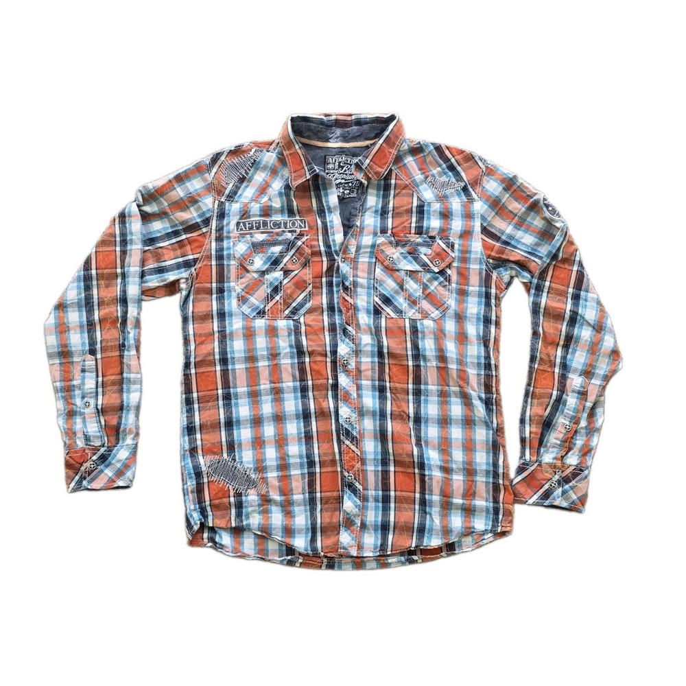 Affliction Black Premium Men's Plaid Button Up Shirt Orange Blue Large